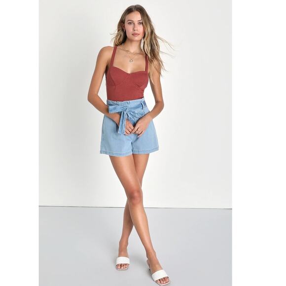 Lulus Bodysuit Medium Dusty Rose Pink Ribbed One Piece Cross Back Sleeveless - Picture 2 of 16